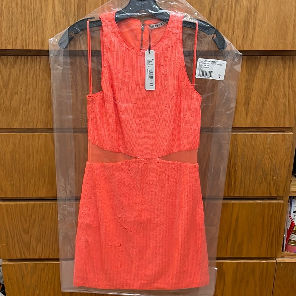 Alice + Olivia CARA SEQUIN MESH CUT OUT MINI DRESS COLOR: BRIGHT CORAL SIZE: 4